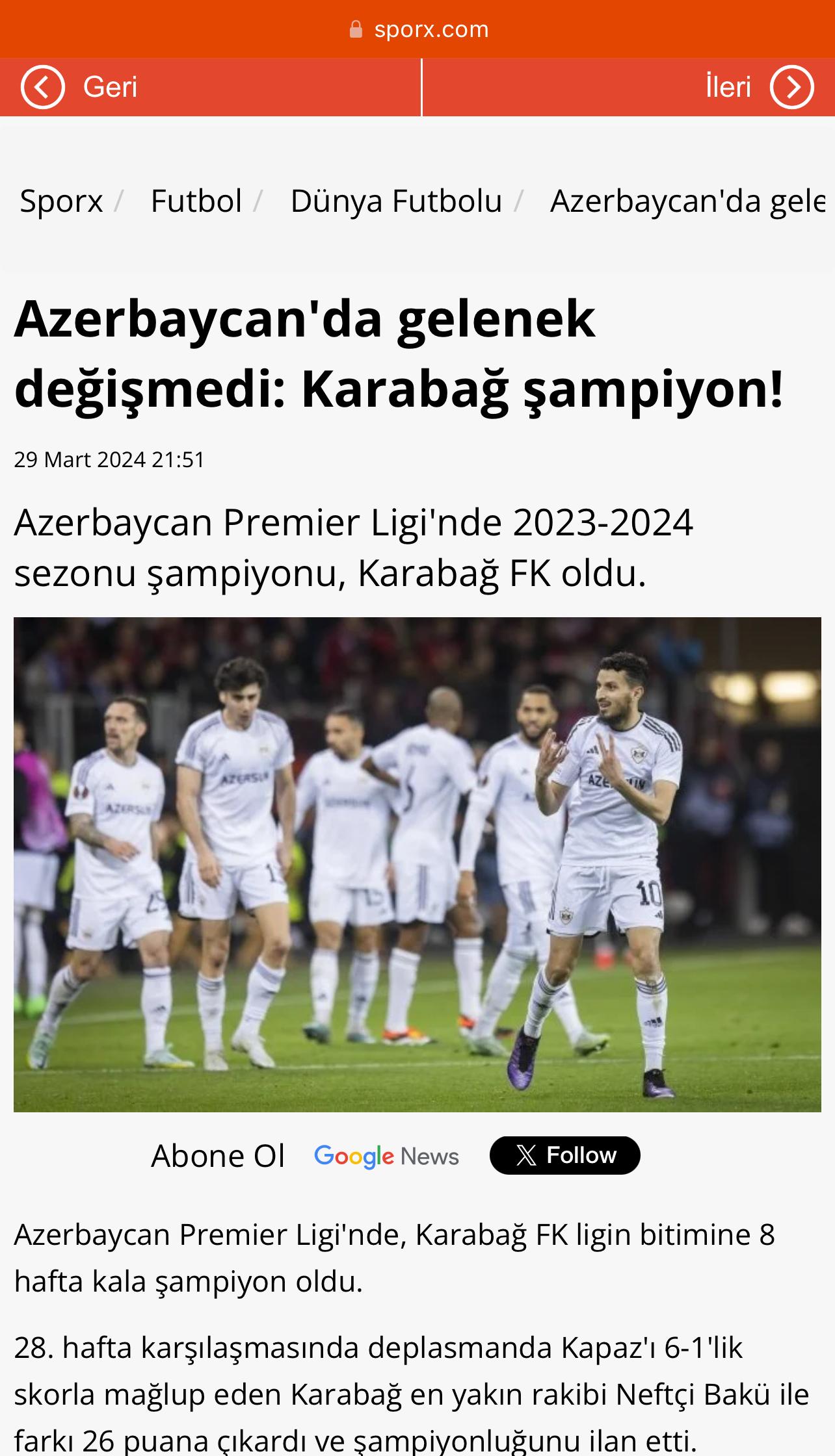 Türkiyə və Rusiya mediası “Qarabağ”ın 11-ci çempionluğunu belə qarşıladı